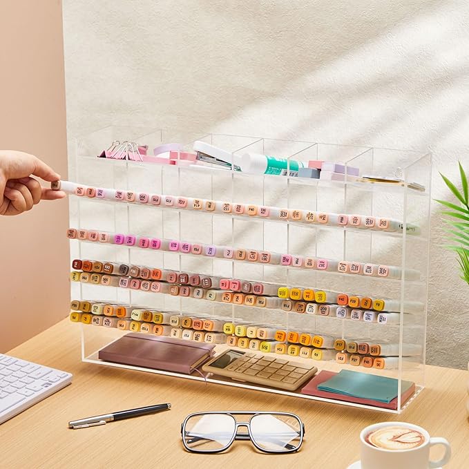 Acrylic Pen Organizer Storage for 200 Markers Vertical Marker Organizer Acrylic Pen Display Holder for Office Desk Desktop Stationery Pencil Storage, Clear, 18 x 4 x 12.4 Inch