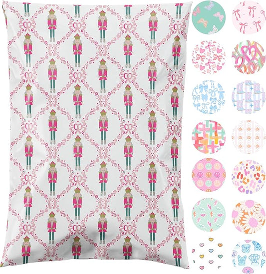 14.5x19 Designer Poly Mailer 100 Pack Heavy Duty Waterproof Self Seal Shipping Bags for Small Business Large Mailing Envelopes Bulk Tear Resistant Packaging Pink Nutcracker Christmas Holiday