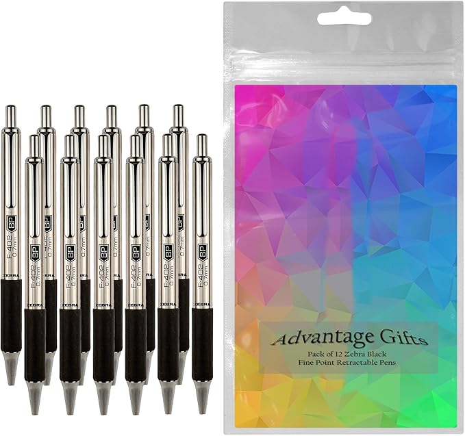 Zebra F-402 Ballpoint Stainless Steel Retractable Pen, Fine Point, 0.7mm, Black Ink, 12-Count Bundle with Plastic Reusable Pouch