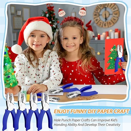 4 Packs Shape Hole Punch Set - 1/4" Circle, Heart, Star, Triangle Puncher with Soft Grip for Binder, Scrapbooking, Cards | Paper Craft Tools with Storage Slot & Reinforcement Stickers (Blue)