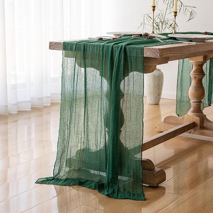 Table Runner Emerald Green Cheesecloth Gauze 120 Inch 10 FT Rustic Boho Cheese Cloth Table Decor for Wedding Baby Bridal Shower Party Long Sheer Vintage Christmas Decorations