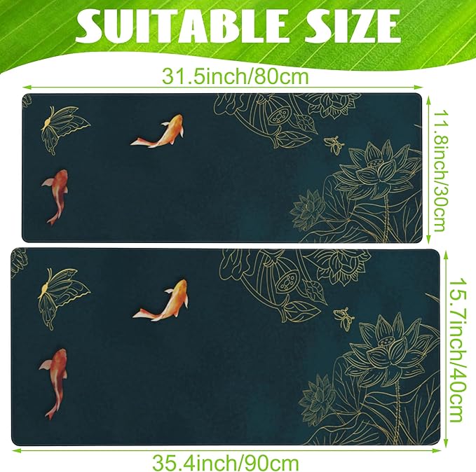 Large Gaming Mouse Pad, Koi Fish Ink Painting Desk Mat, Golden Line Lotus Desk Pad, Extended Big Computer Keyboard Mouse Pad with Non-Slip Base and Stitched Edge, 35.4"x15.7"