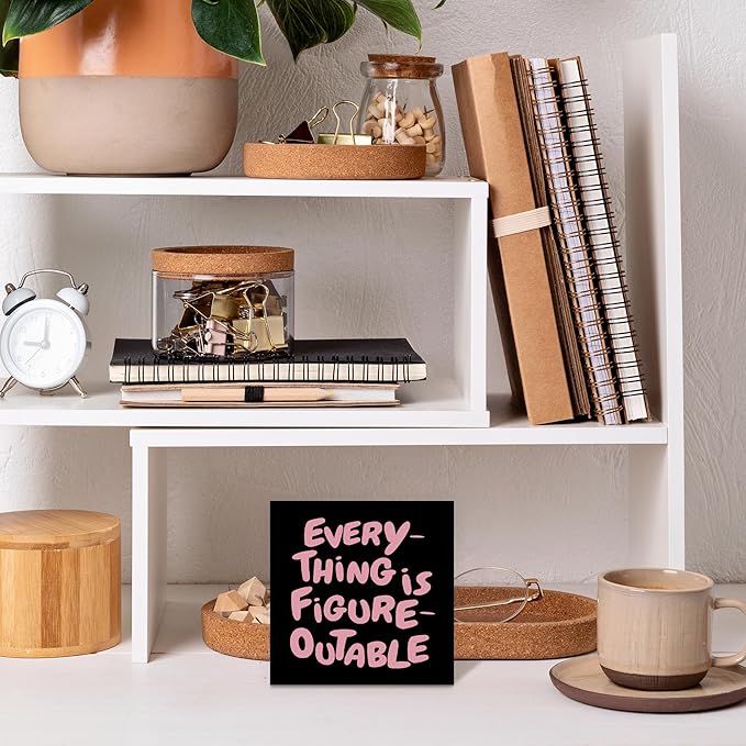 Inspirational Black Pink Office Decor, Every Thing is Figure Outable Motivational Office Accessories Wooden Box Sign, Inspirational Gifts for Women, Men Wall Desk Shelf Tabletop Decoration 5x5In