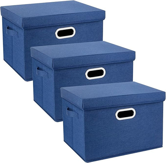 TYEERS Large Storage Bins with Lids, Collapsible, Washable, Fabric Storage Boxes for Organizing, 17.3x11.8x11.4 inches, 3 Pack, Classic Blue