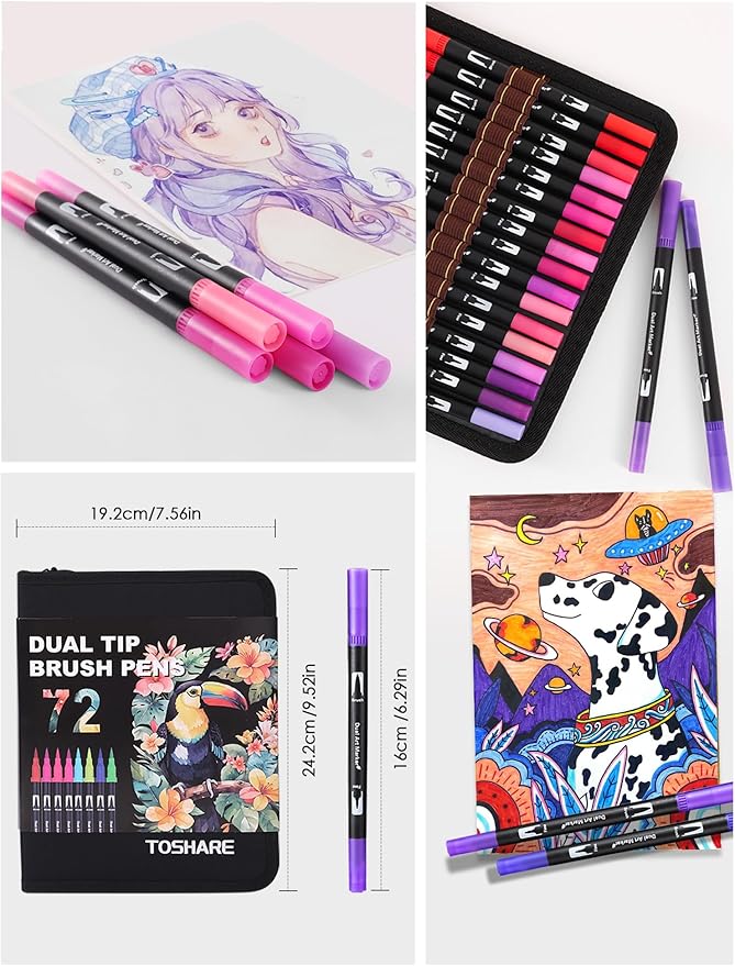 Double Brush Marker Pens, 72 Colors Art Markers Set with Fine Tip and Brush Tip for Kids Adult Coloring Book Hand Lettering Calligraphy Drawing Art Supplies Kit