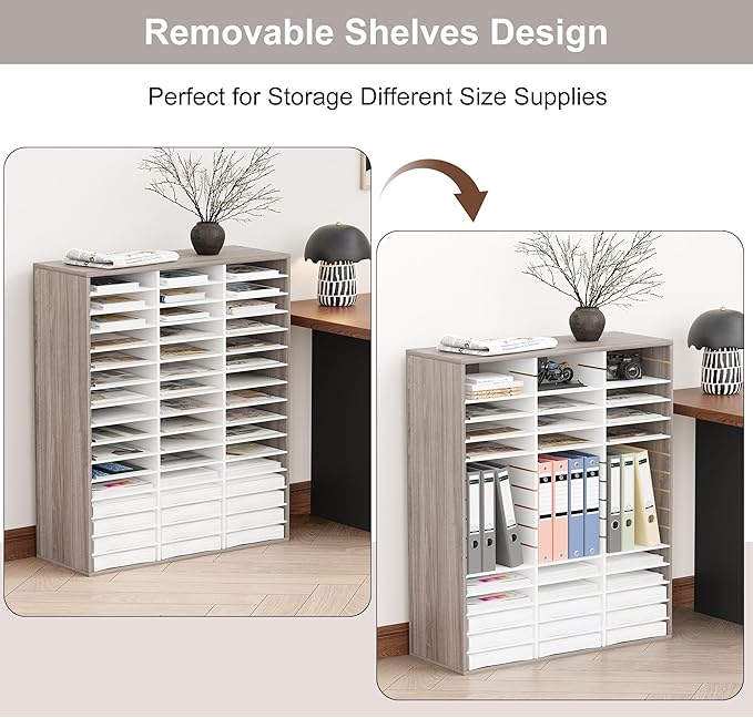 EasyPAG Mail Organizer Countertop, Wood Literature Organizer with Adjustable Shelves, Student Classroom Mailbox for School, Desktop Paper Sorter for Office Home, 48 Compartments, Retro Gray/White