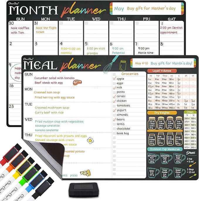 Magnetic Dry Erase Monthly Calendar and Menu Board - 17"x12" Monthly Planner and Meal Planning Board for Fridge - 6 Extra Fine Point Markers Included - Shipped Flat