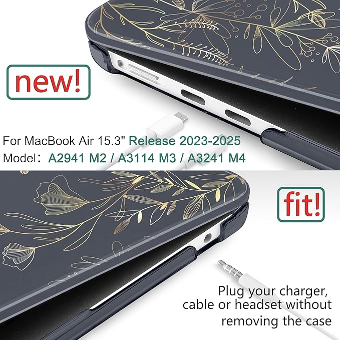 DONGKE Compatible with M4 MacBook Air 15 inch Case 2025 2024 2023 A3241 A3114 A2941 M3 M2 Liquid Retina Display Touch ID, Plastic Hard Case & Keyboard Skin & Screen Protector - Floral Blooming