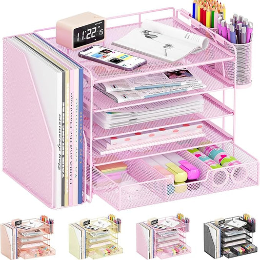 Desk Organizers and Accessories, 5-Tier Paper File Organizer with Drawer & Pen Holder, Office Desk Accessories Workspace Desktop Organizer for Office Supplies((Pink)