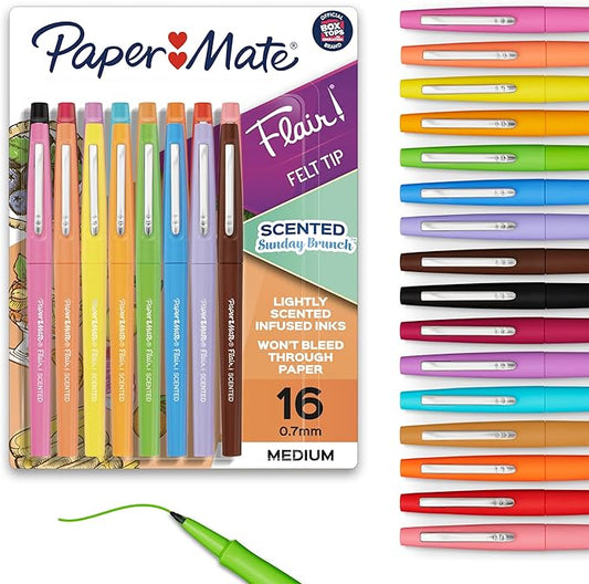 Paper Mate Flair Sunday Brunch Scented Felt Tip Pens, Assorted Colors, Medium Point (0.7mm), 16 Count