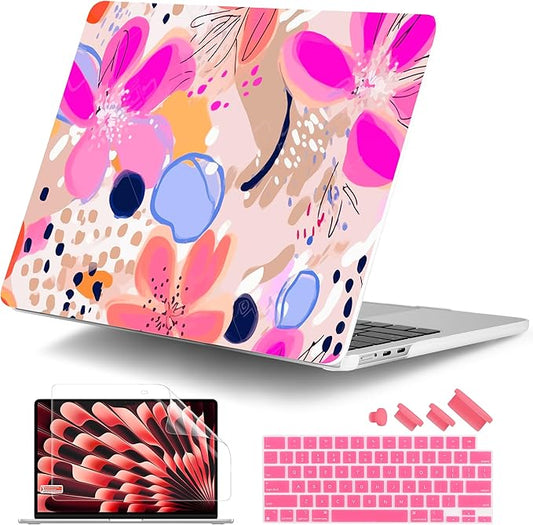 DONGKE Compatible with M4 MacBook Air 15 inch Case 2025 2024 2023 A3241 A3114 A2941 M3 M2 Liquid Retina Display Touch ID, Plastic Hard Case & Keyboard Skin & Screen Protector - Floral Artistic