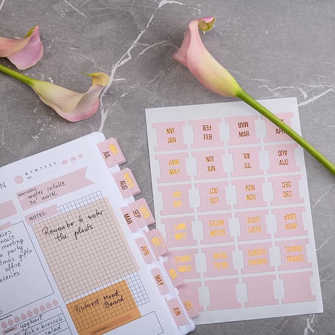 DiverseBee Gold Foil Planner 24 Peel and Stick Laminated Tabs for Notebooks, Calendar Tab Stickers and Monthly Dividers (Seasalt)