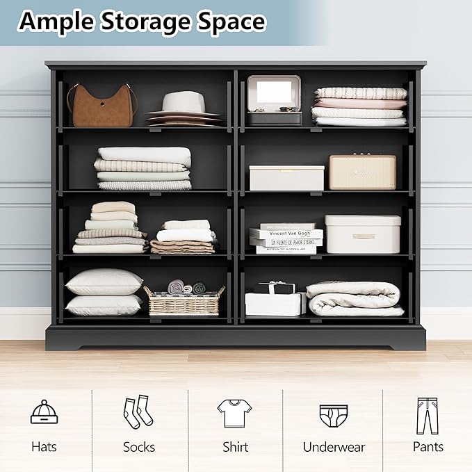 8 Drawer Dresser for Bedroom, 53" Wide Wooden Chest of Drawers, Rustic Farmhouse Dresser with Large Drawers & Metal Handles, Modern Storage Organizer for Closet, Living Room, Hallway, Black