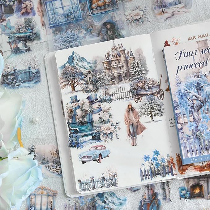 Snycler 20 Sheets PET Stickers - Vintage Journaling, Scrapbooking Supplies, DIY Craft Stickers for Junk Journals, Ephemera Sticker Book, Seasonal Themes (Winter), Pre-Cut Designs