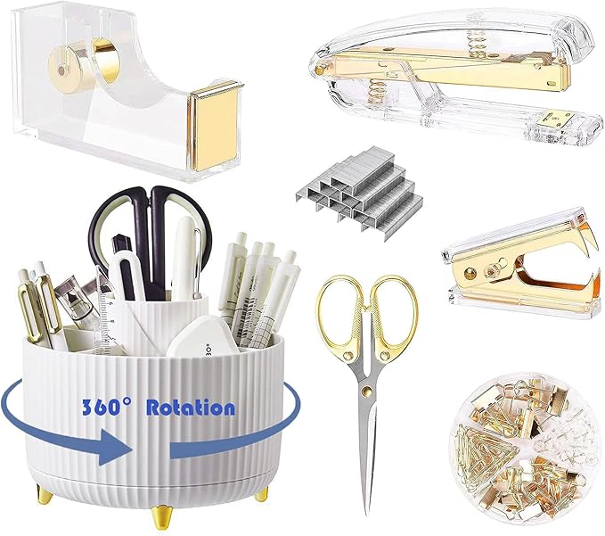 Desk Organizers and Accessories Set with 360-Degree Rotating Pen Holder, Acrylic Stapler, Tape Holder, Staple Remover, Binder/Paper Clips Kit, Scissor and 1 Box of Staples