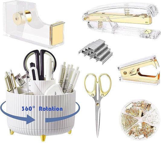 Desk Organizers and Accessories Set with 360-Degree Rotating Pen Holder, Acrylic Stapler, Tape Holder, Staple Remover, Binder/Paper Clips Kit, Scissor and 1 Box of Staples