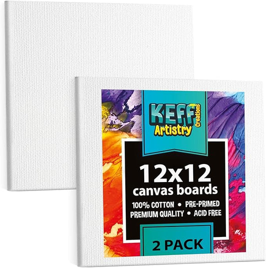 KEFF Canvas Boards for Painting - 12x12 2-Pack Bulk Canvas Panels, 100% Cotton Triple Primed Large Canvases for Art Painting Supplies, Acrylic, Oil, Watercolor & Tempera