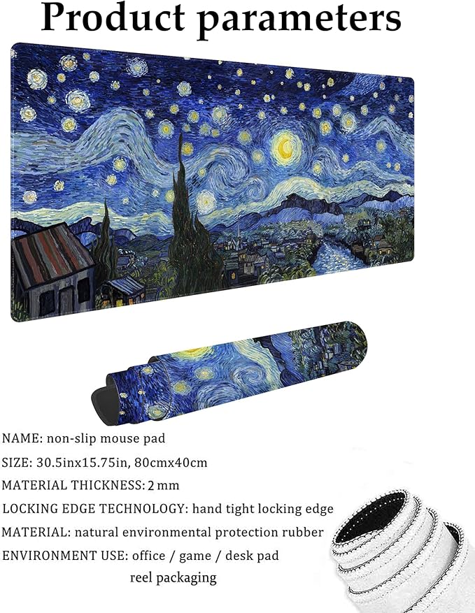 Van Gogh Style Scenery Customized Large Extended Gaming Mouse Pad with Stitched Edges and Non-Slip Rubber Base,Suitable for Office and Home Use,31.5x15.7 Inches