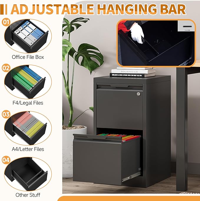 2-Drawer Metal File Cabinet with 1 Lockable Drawer,Steel Printer Stand with Storage for Home Office,Vertical Filing Cabinet for Legal/Letter/A4 Files,Assembly Required(15''W-2 Drawers,Black)