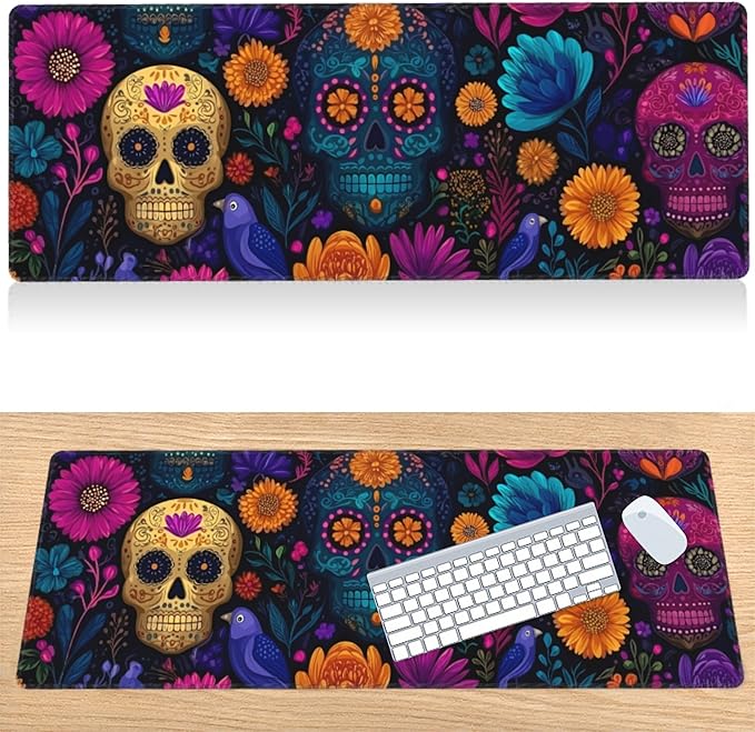 31.5”x11.8”Large Gaming Mouse Pad for Desk, Mouse Mat with Seamed Edges, Waterproof Desk Pad, Non-Slip Rubber Base, Keyboard Pad Computer Mat, Big XL Mousepad-Skull Flower