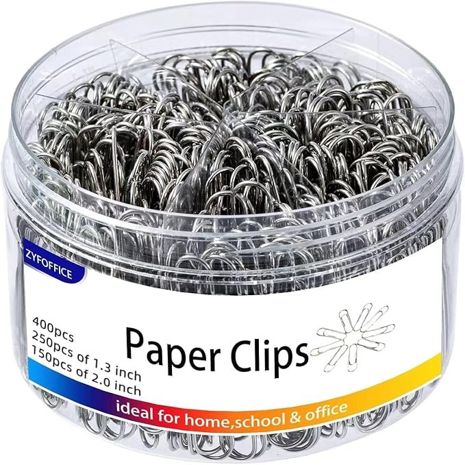 Shiny Silver Jumbo Paper Clips, 1.3 Inch (33mm) & 2 Inch (50mm), 400-Pack for Office, School & Home Document Organizing