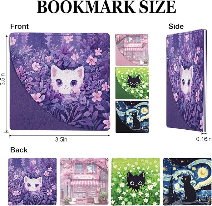 Cute Black Cat Bookmarks, Funny Leather Corner Page Book Accessories for Book Lovers, 4 Pcs Floral Reading Book Page Markers for Women Student Teacher Girls Retirement Birthday Gifts