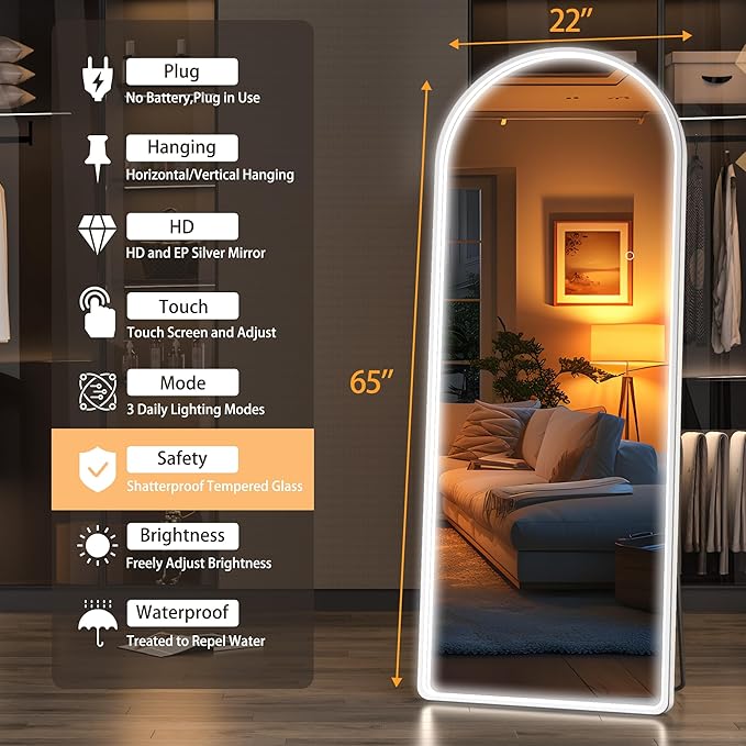 Hasipu 65" x 22" Led Mirror Full Length, Full Body Mirror with Lights, Arch Design, Wall Mounted, Modern Style