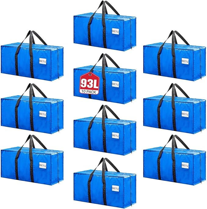 BETU Extra Large Moving Bags Heavy Duty Storage Bags with Zipper Handles, 10 Pack Clothes Storage Totes Bins Packing Moving Boxes, Moving Supplies for College Dorm Essentials, Space Saving, Blue