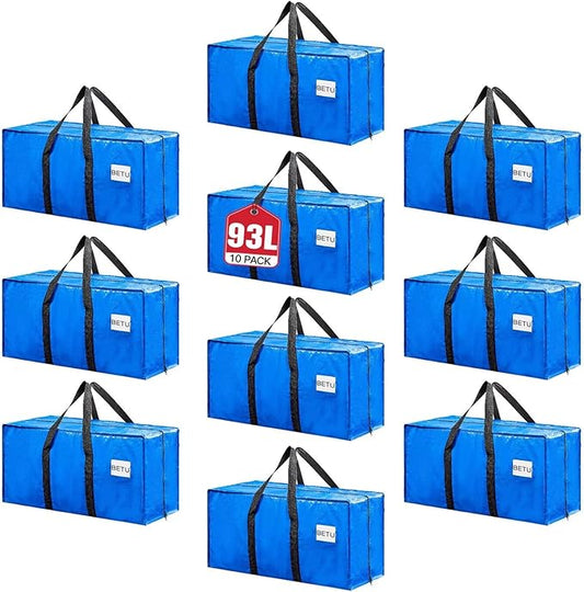 BETU Extra Large Moving Bags Heavy Duty Storage Bags with Zipper Handles, 10 Pack Clothes Storage Totes Bins Packing Moving Boxes, Moving Supplies for College Dorm Essentials, Space Saving, Blue