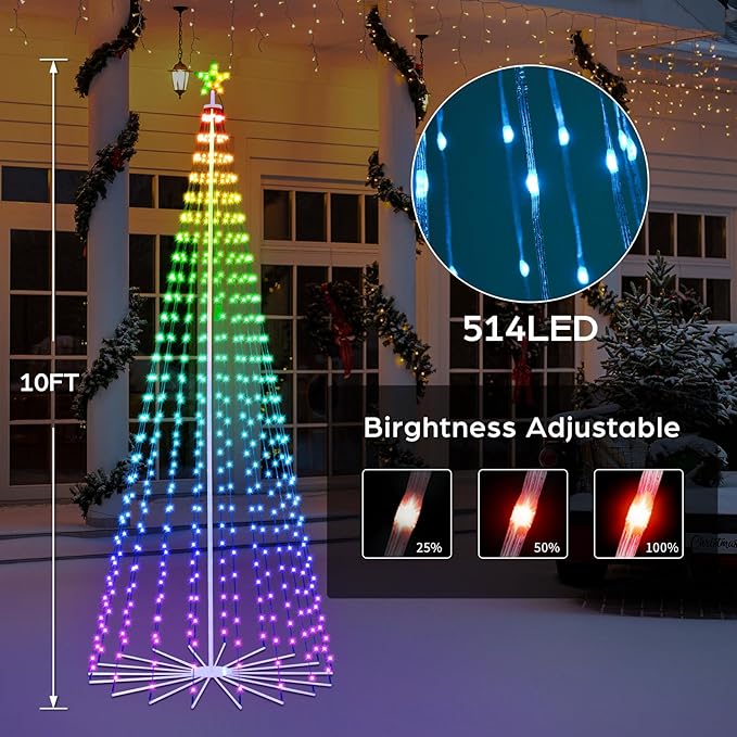 10FT Smart Christmas Tree Lights with App & Remote Control, 514 RGB Color Changing LED Cone Tree Lights, Music Sync, Custom Light Show, IP44 Waterproof Outdoor Decoration for Xmas, New Year, Parties