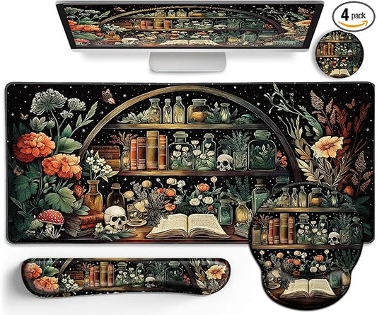 Goth Skull Mouse Pad Set Large Desk Mat for Desktop, Ergonomic Mouse Pad with Wrist Rest for Gaming, Keyboard Mat Wrist Support Cup Coaster Set, Gothic Office Desk Accessories Decor Supplies