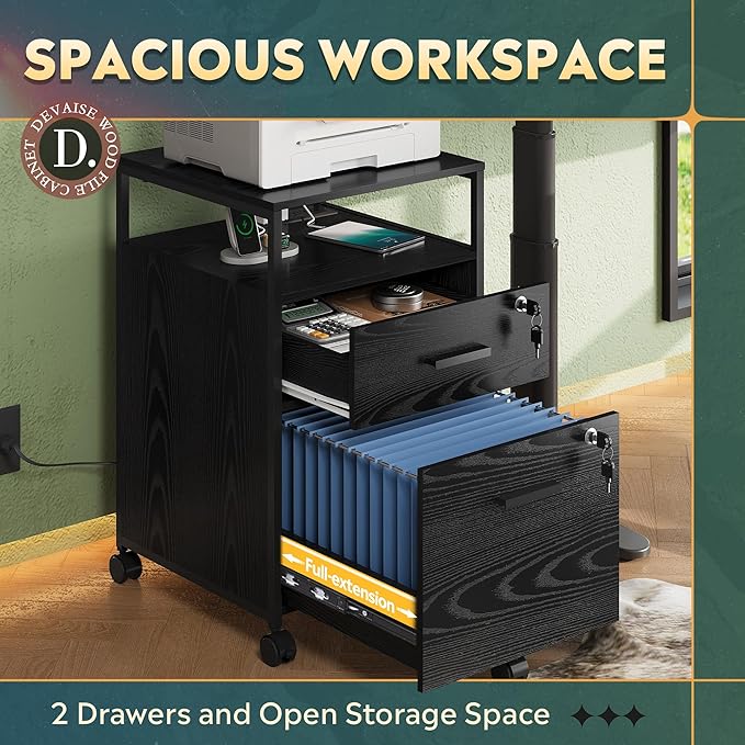 DEVAISE 2 Drawer File Cabinet with Lock and Charging Station, Wood Filing Cabinet fits A4 or Letter Size, Mobile Printer Stand with Open Storage Shelf for Home Office, Black