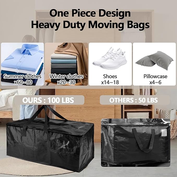12 Pack Waterproof Moving Bags with Strong Zippers and Reinforced Handles, Real 100lb Capacity Extra Heavy Duty Large Storage Totes for Packing & Moving Storing, Alternative to Moving Boxes -95L,Black