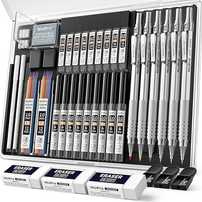 Nicpro 35PCS Silver Metal Mechanical Pencils Set in Case, Art Drafting Pencil 0.5, 0.7, 0.9 mm & 3PCS 2mm Graphite Lead Holder for Drawing Sketching With 20 Tube Lead Refills(6B 4B 2B HB 2H 4H Colors)