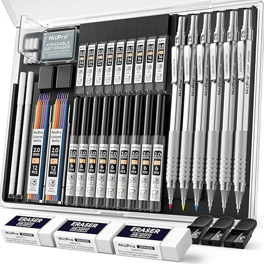 Nicpro 35PCS Silver Metal Mechanical Pencils Set in Case, Art Drafting Pencil 0.5, 0.7, 0.9 mm & 3PCS 2mm Graphite Lead Holder for Drawing Sketching With 20 Tube Lead Refills(6B 4B 2B HB 2H 4H Colors)