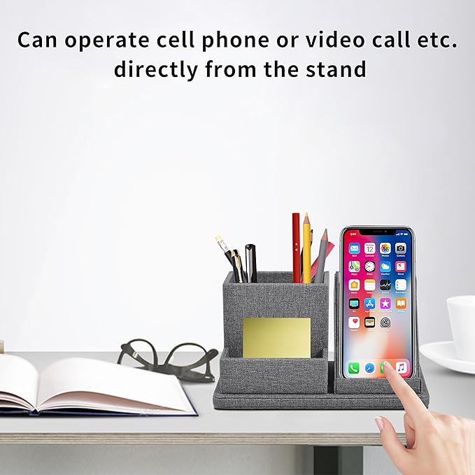 Multi-Function Pen/Pencil Holder-Linen Leathe Excellent Cell Phone Touch Screen Solution Holde-Business Card Holder/Sticky Note Tray,Desk Organizer for Office Supplies,Desktop Caddy,Grey