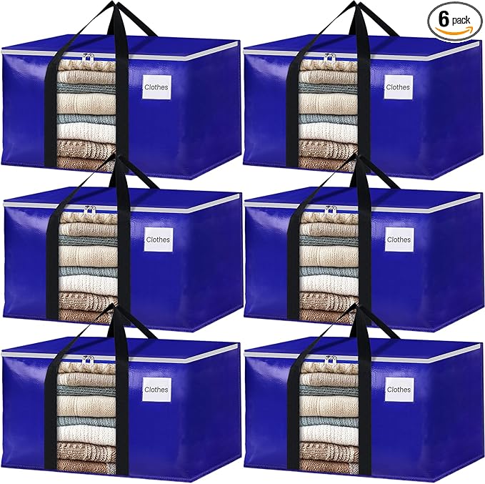 BlissTotes 6 Pack Moving Bags with Clear Window, Storage Bags with Strong Carrying Handles & Zippers,Large Packing Bags for Saving Space, Alternative to Moving Boxes(Blue,20 Gallon)