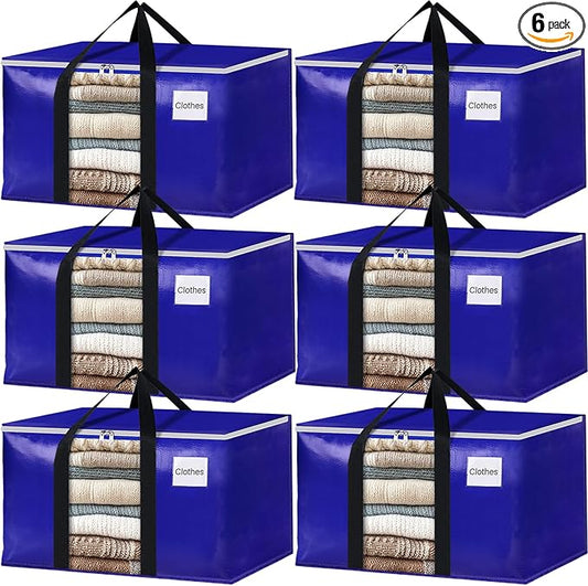 BlissTotes 6 Pack Moving Bags with Clear Window, Storage Bags with Strong Carrying Handles & Zippers,Large Packing Bags for Saving Space, Alternative to Moving Boxes(Blue,20 Gallon)