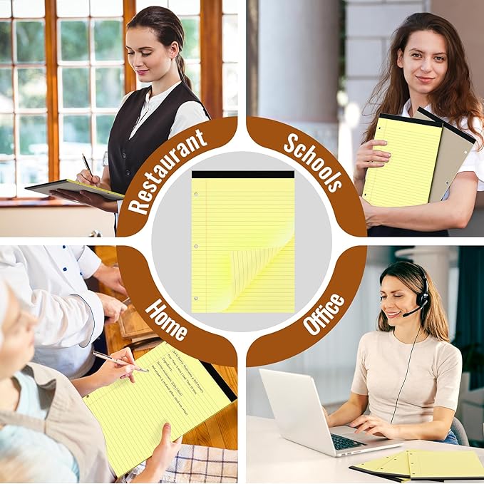 HAUTOCO 8.5 x 11 Legal Pads 12 Pack Yellow Wide Ruled Lined Writing Note Pads Perforated Notepad, 30 Sheets Per Notepad, 3-Hole Punched Paper for School, Office