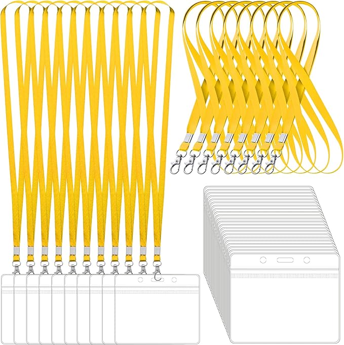 100 Pack Lanyards for ID Badges with Clear Name Tags, Reusable Lanyards Horizontal ID Card Badge Holders Plastic Name Badges for Men Women Kids Business School and Office Supplies (Yellow)