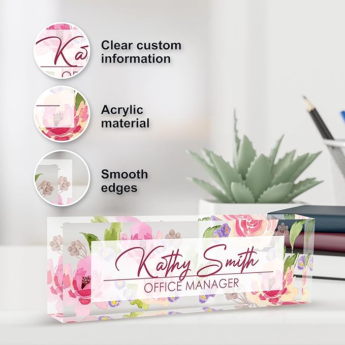 Personalized Name Plate for Desk, Custom Desk Name Plate, Acrylic Name Plate Office Desk Accessories, Personalized Office Gifts for Coworkers Teachers, Employee Appreciation Gifts (A-Watercolor)