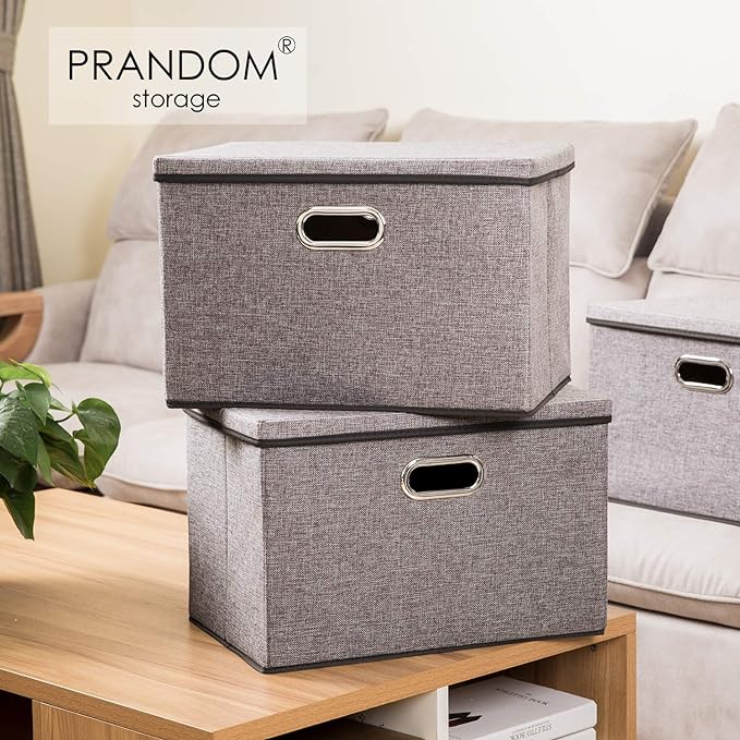 PRANDOM Large Collapsible Storage Containers with Lids [5-Pack] Linen Fabric Foldable Storage Bins Boxes Organizer Baskets Cube with Cover for Home Bedroom Closet Office Nursery (17.7x11.8x11.8)