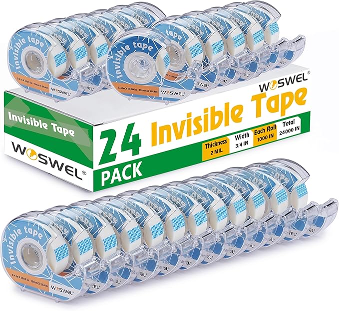Tape Refills with Dispenser, 24 Roll Invisible Tapes, 3/4 Inch X 1000 in, Gift Wrapping Tapes Back to School Supplier for Home School Office Use
