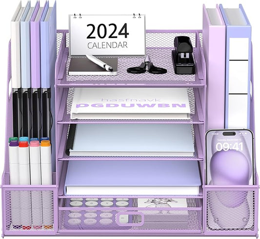 SUPEASY Mesh Desk Organizer with File Holder, 5-Tier Paper Letter Tray Organizer with Magazine Holder, Desktop Organizer and Storage with Drawer for Office Supplies Home or School, Purple