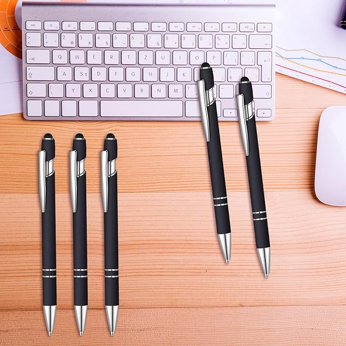 24 Pcs Blue Ink Ballpoint Pen with Stylus Tip 2 in 1 Ballpoint Pen 1.0 mm Blue Ink Metal Stylus Pen for Touch Screens Coworkers, Family, Colleagues, Office (Black)
