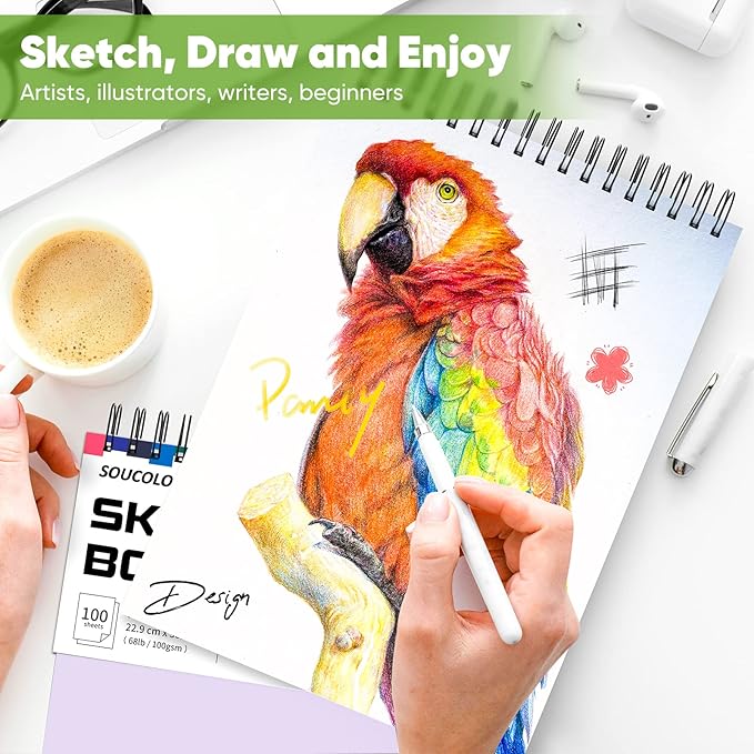 Soucolor 9" x 12" Sketch Book - 2 Packs, 100-Sheets Each (68lb/100gsm) Drawing Pad for Girls and Women - Christmas, Birthday, Thank You Gifts and Stocking Stuffers