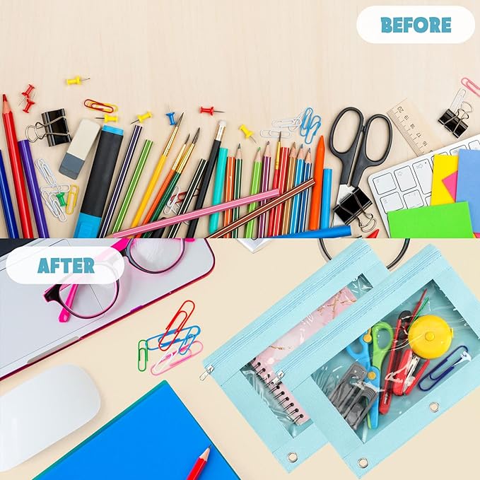 Marspark 30 Packs Pencil Pouch 3 Ring Binder Pen Pouch Cloth Pencil Pouches Zipper Pen Case Bag with Clear Window for School Office Writing Supplies Gifts(Sky Blue)