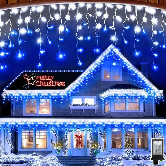 164FT 1620 LED Outdoor Christmas Lights - 360 Ice Drops, 12 Pro Modes with Timer Memory & Brightness, Waterproof Hanging Ice String Light for Holiday Wedding Garden Fence House Decor (White & Blue)