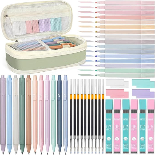 52 PCS Aesthetic School Supplies with Cute Pencil Case, Stationery Essentials with Pens Pencils and Pastel Highlighters Set,College Back to School Supplies for Teen Girls,Pastel Office Supplies-Green