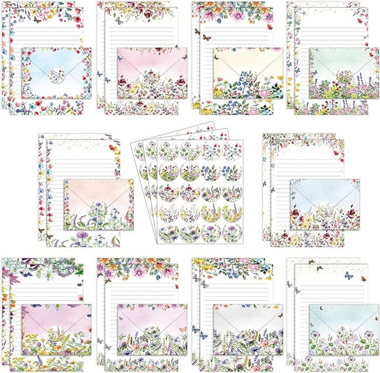 TaoBary 160 Pcs Stationery Paper Set 50 Double Sided Stationery Papers with 50 Matching Envelopes and 60 Round Dot Sticker, 10 Design(Wildflower,8.5 x 11 Inch)